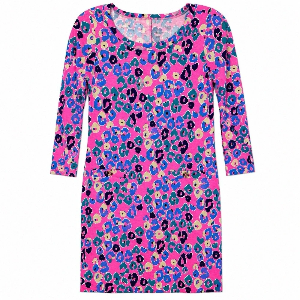 Lilly Pulitzer Corine Dress‎ Small Paws Off Pink Leopard Print Small 3/4 Sleeve